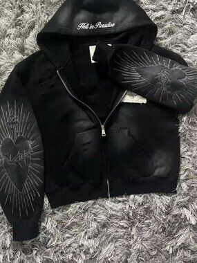 Gothic Sacred Heart Embroidered Black Zip Up Hoodie XL